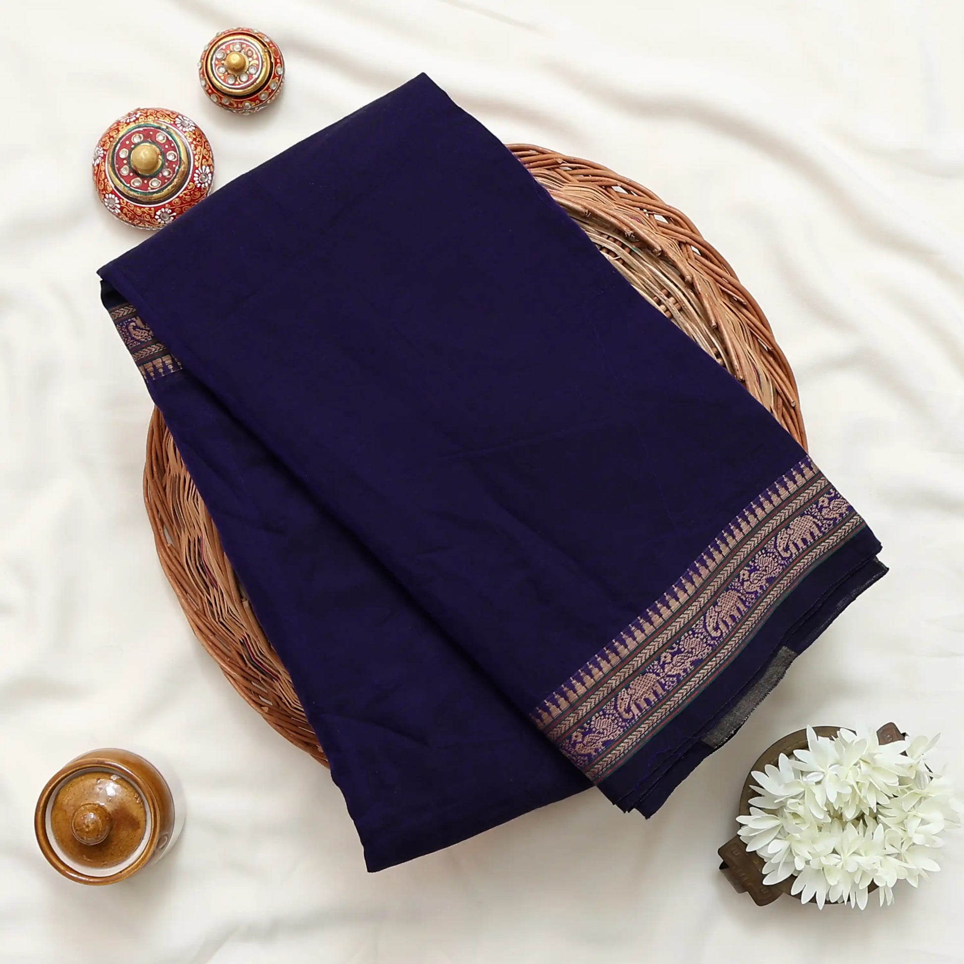 Narayanpet Cotton Saree with Elephant & Peacock Zari Woven Border Royal Blue Front Folded Top View