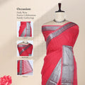 A red saree with a wide silver border is displayedwith inset detail views head, blouse, and pallu