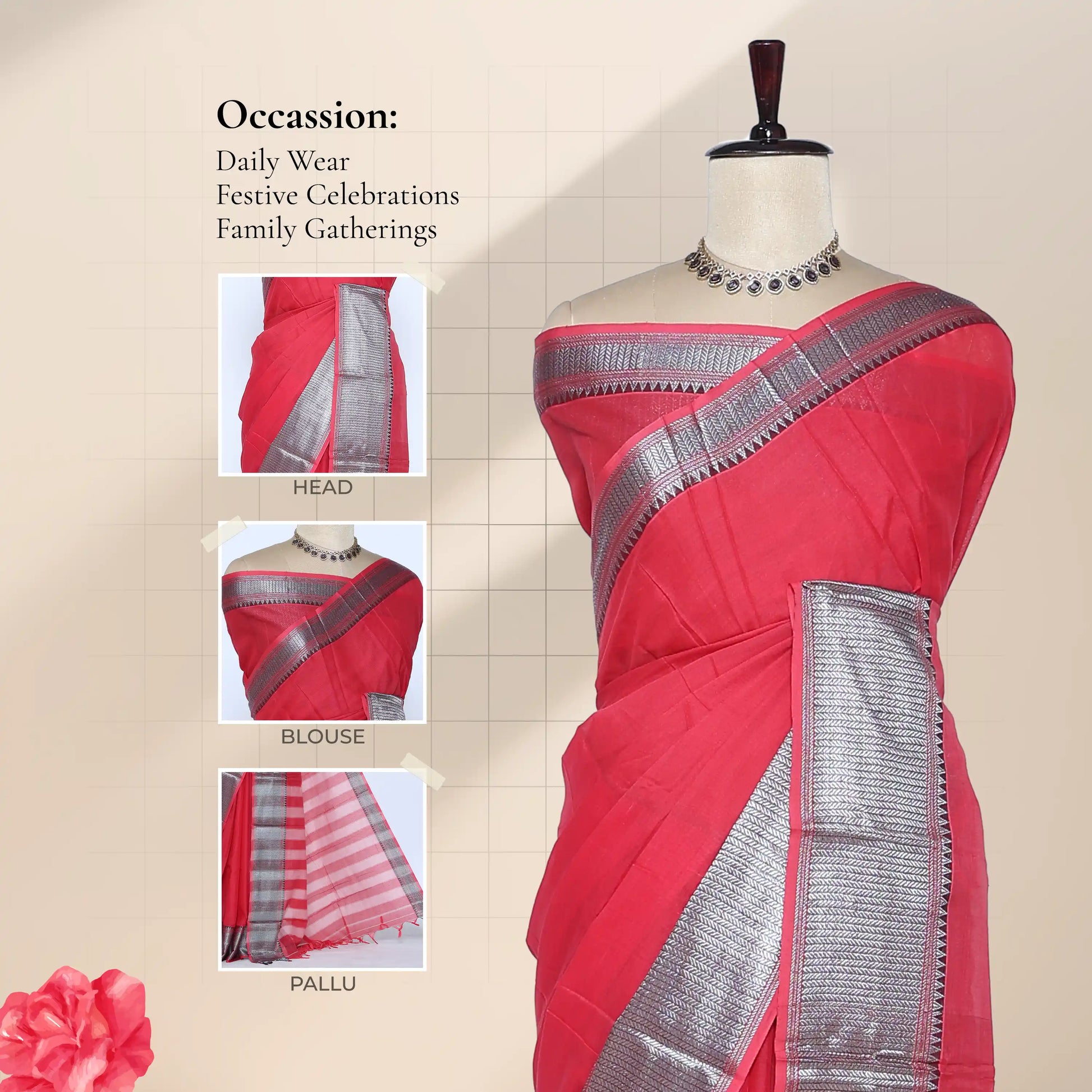A red saree with a wide silver border is displayedwith inset detail views head, blouse, and pallu