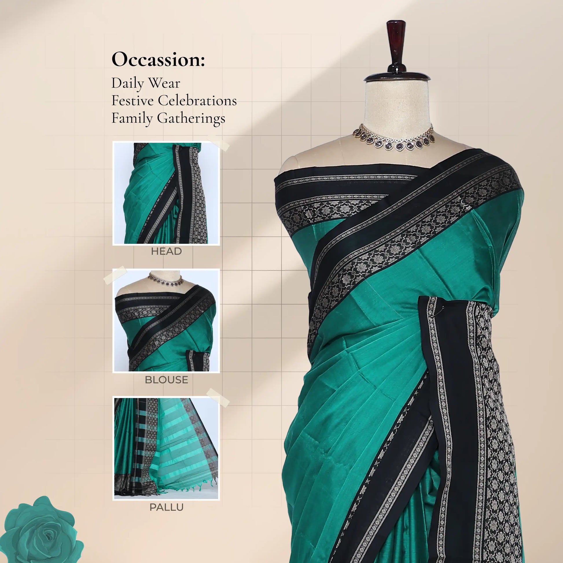 A teal green and black saree with head, blouse, and pallu details