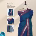 Narayanpet Cotton saree with deep blue body and red zari woven border, with head blouse and pallu detail