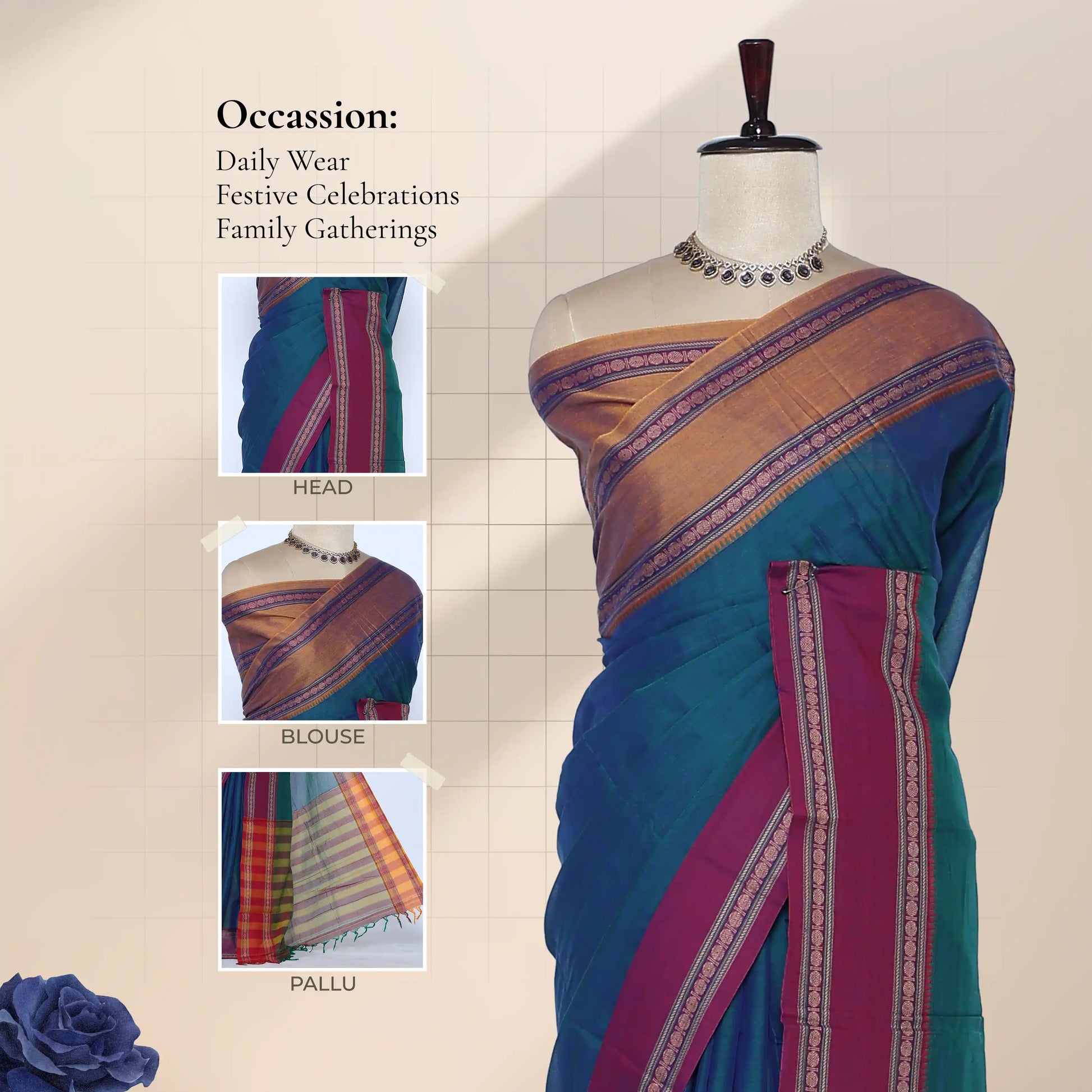 A teal and magenta saree with gold and purple borders displayed on a mannequin, with detail views of head, blouse, and pallu. 