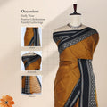 A mustard yellow and black saree displayedwith  head, blouse, and pallu details