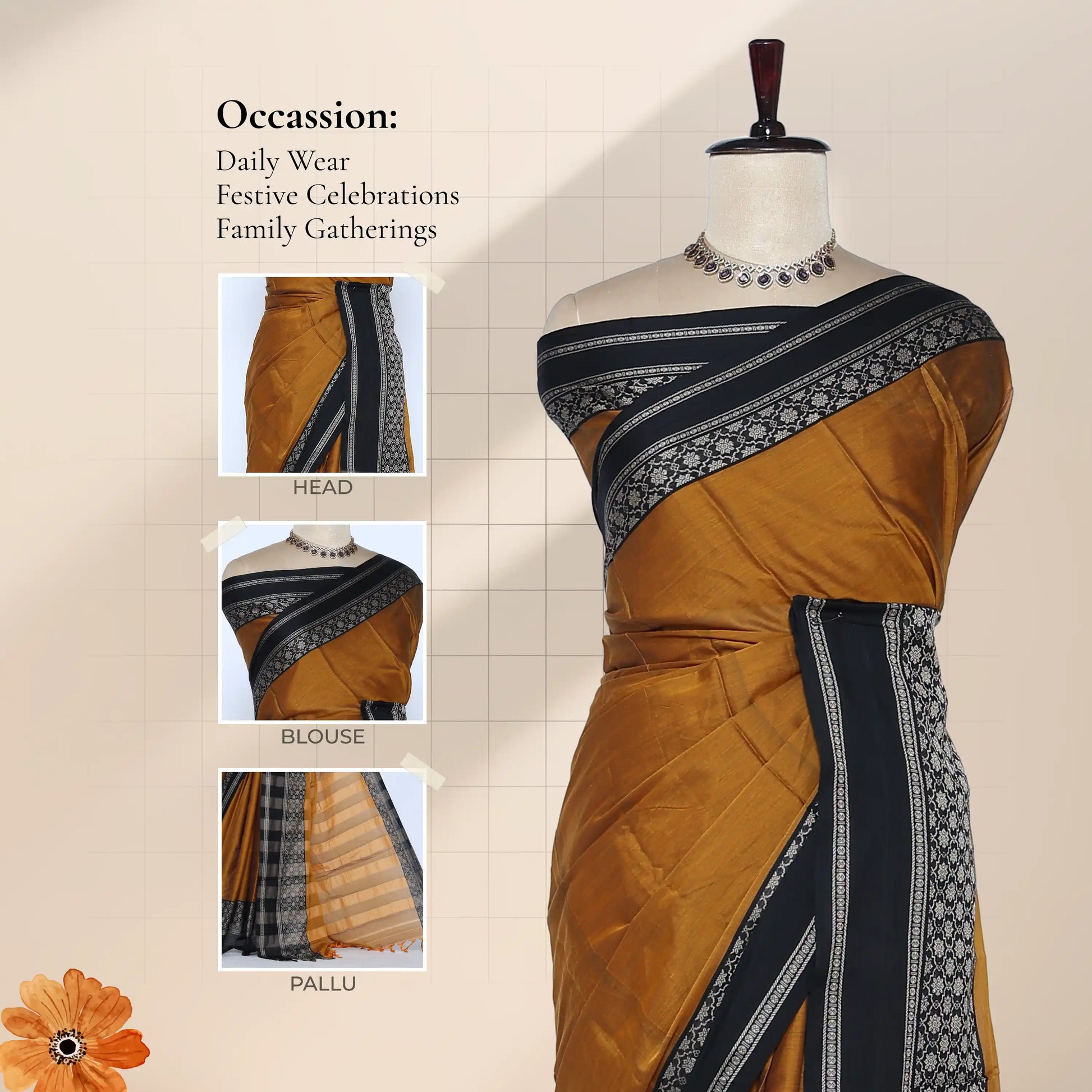 A mustard yellow and black saree displayedwith  head, blouse, and pallu details