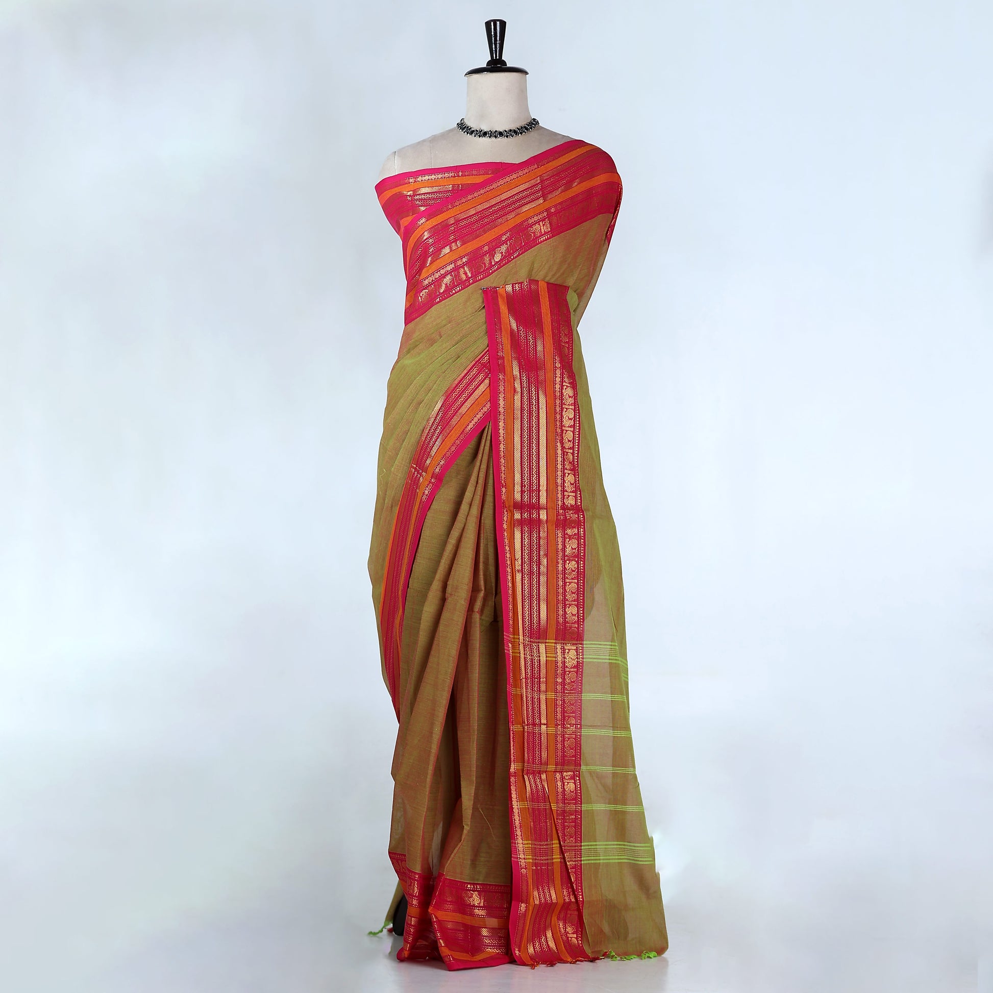 Olive Green Kanchi Cotton Saree for Women | Festive Traditional Collection | Jeyachandran -Full View
