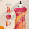 Chettinad cotton saree with orange plain body broad pink and gold zari border front draped view on mannequin.