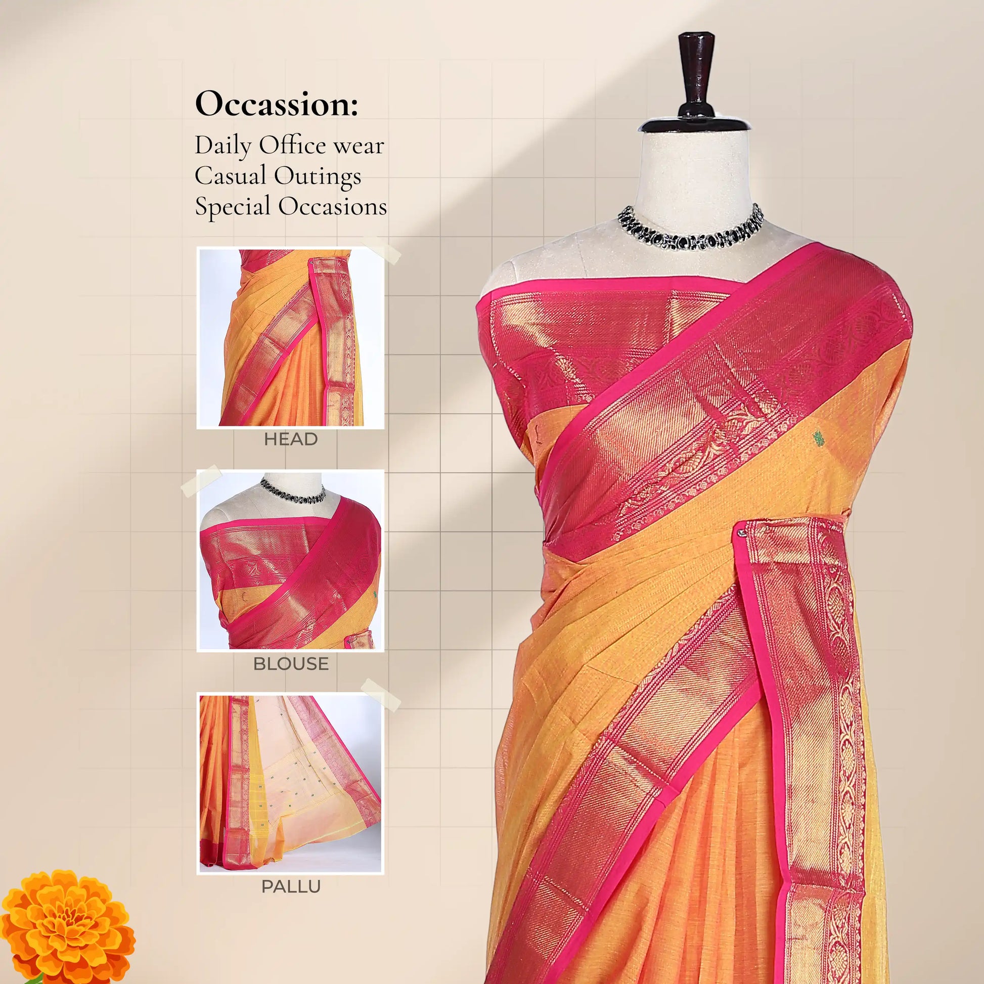 Chettinad cotton saree with orange plain body broad pink and gold zari border front draped view on mannequin.
