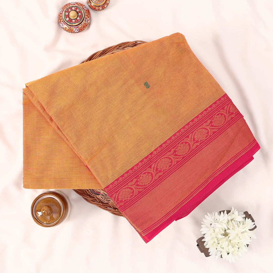 Orange Chettinad Cotton Sarees for Women | Office Wear Daily Wear & Special Occasion | Jeyachandran - Full View