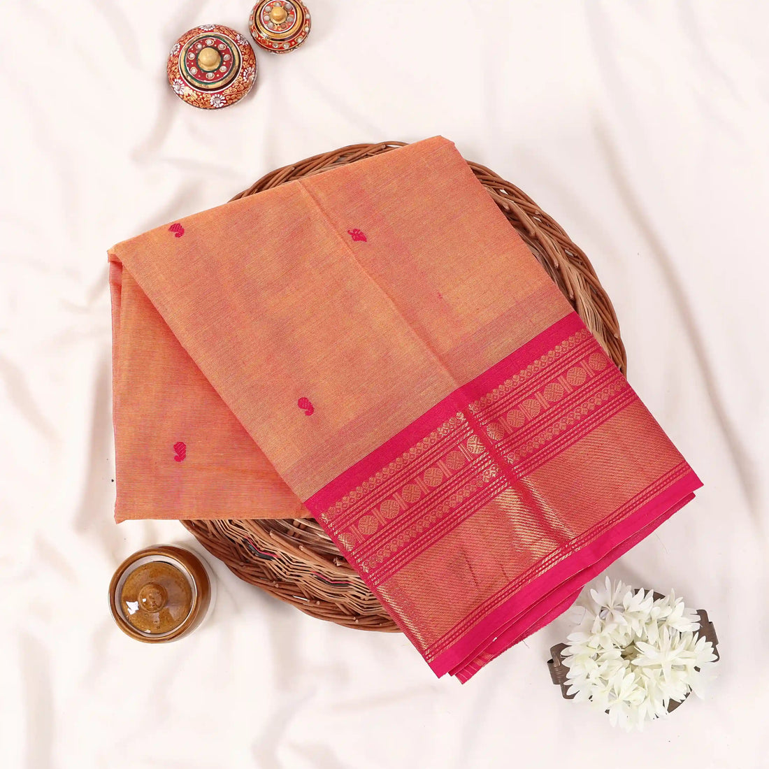 Orange Chettinad Cotton Sarees for Women | Office Wear Daily Wear & Special Occasion | Jeyachandran - Full View