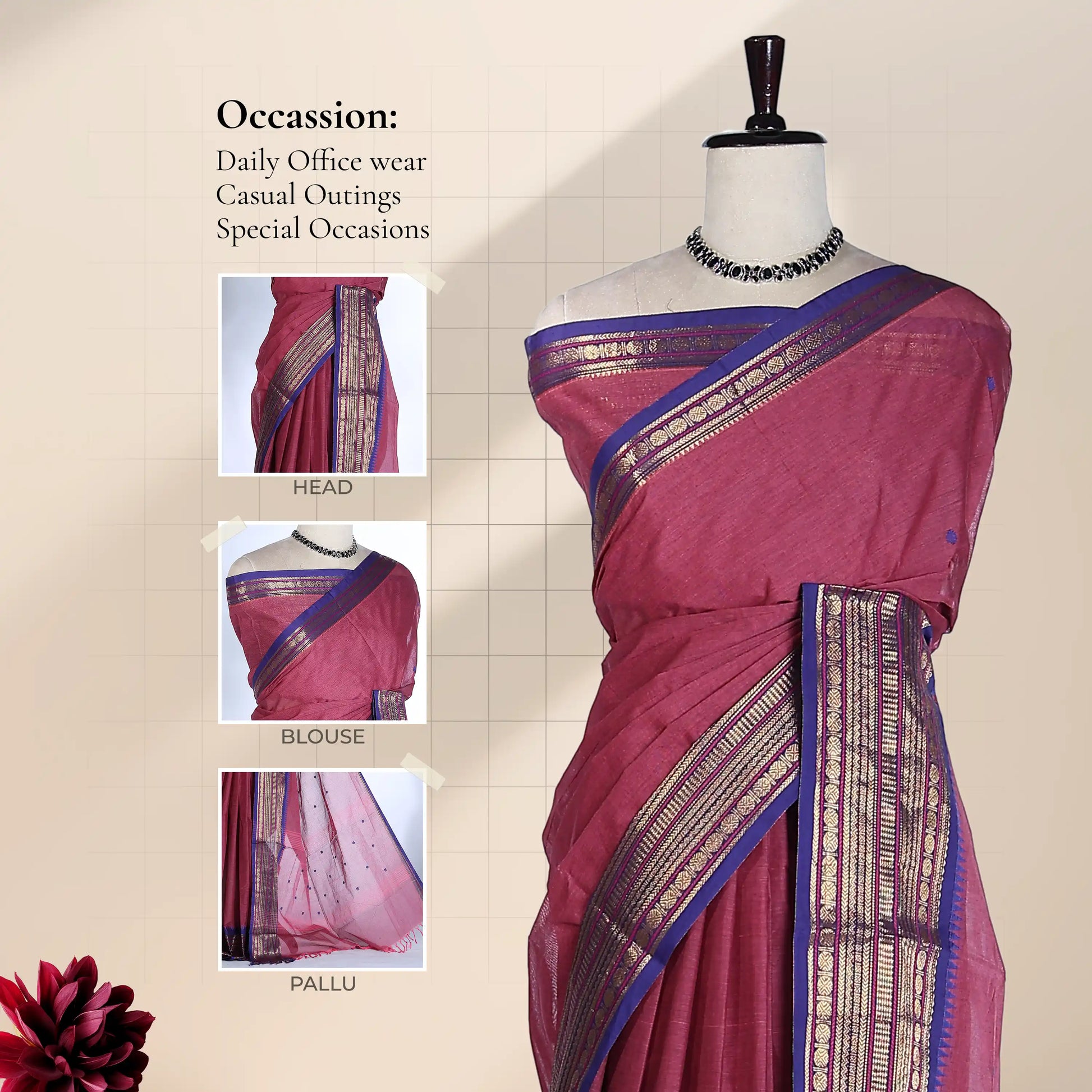 Chettinad cotton saree with zari border in pink and blue front draped view with close up detail
