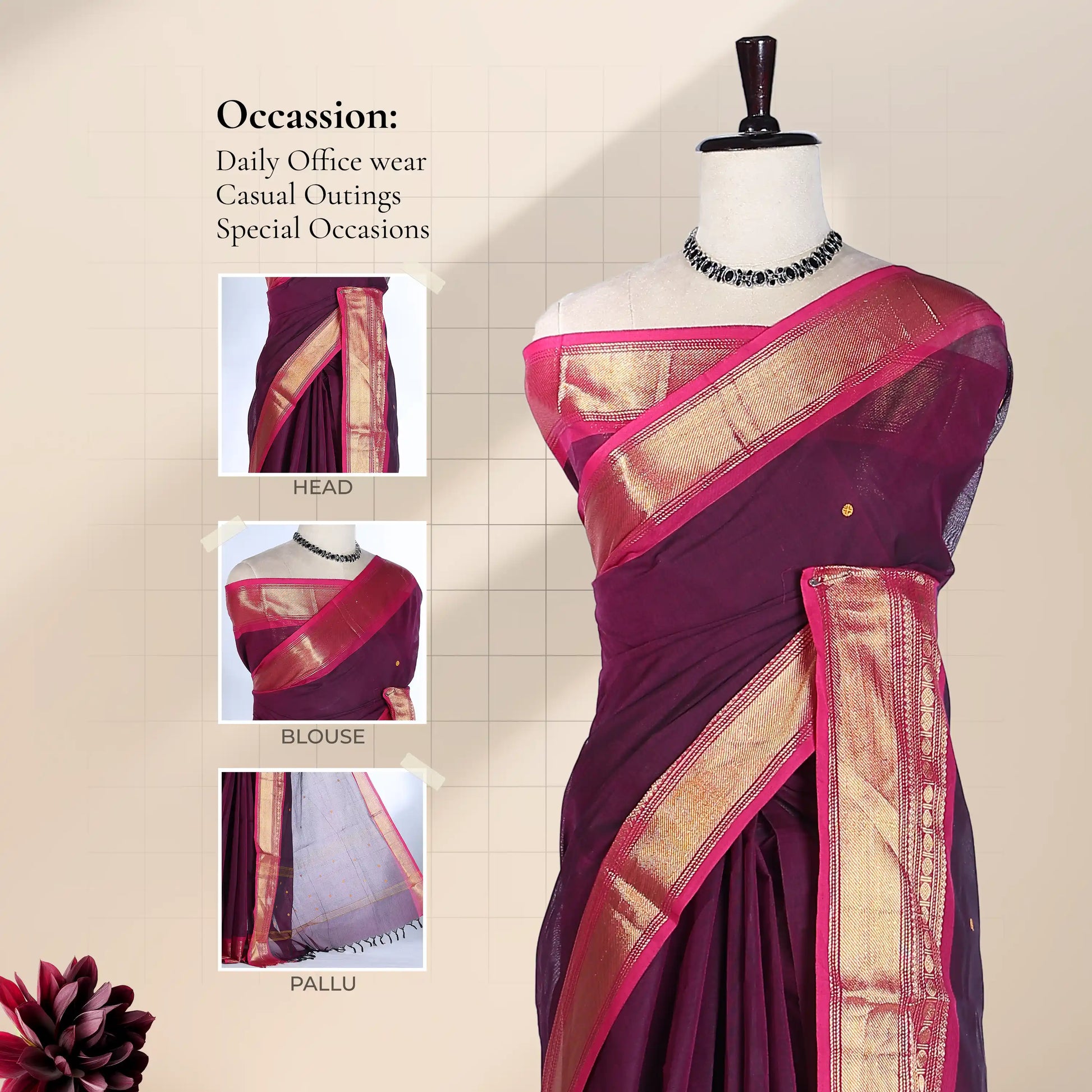 Chettinad cotton saree with zari border in purple and pink front draped view with close up detail