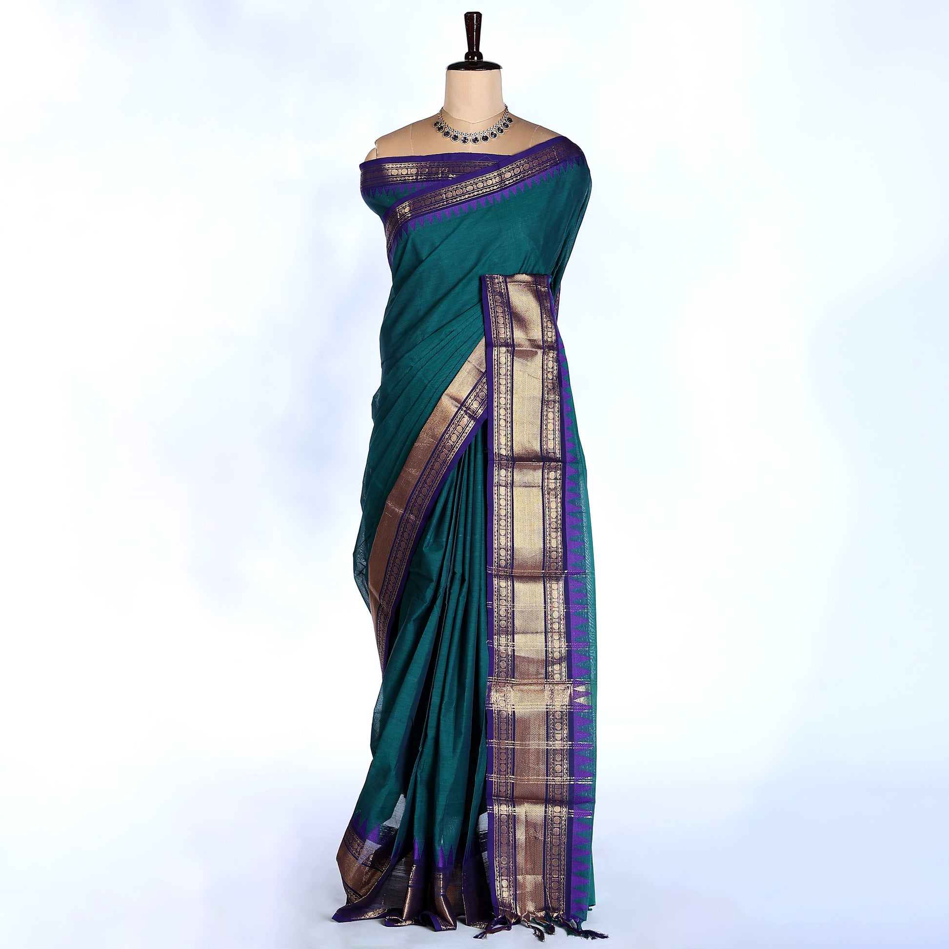 Teal Kanchi Cotton Saree for Women | Festive Traditional Collection | Jeyachandran - Full View
