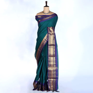 Teal Kanchi Cotton Saree for Women | Festive Traditional Collection | Jeyachandran - Full View

