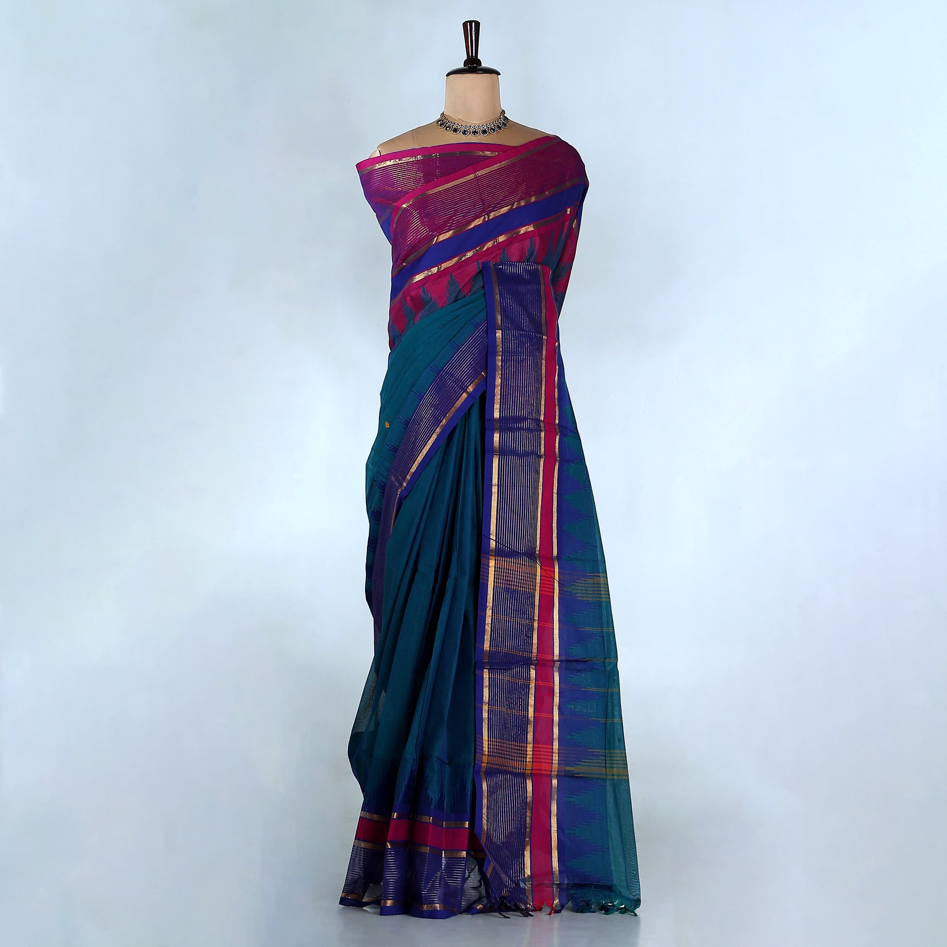 Teal Kanchi Cotton Saree for Women | Festive Traditional Collection | Jeyachandran -Full View
