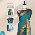 Chettinad cotton saree with zari border in teal and navy blue front draped view with close up detail
