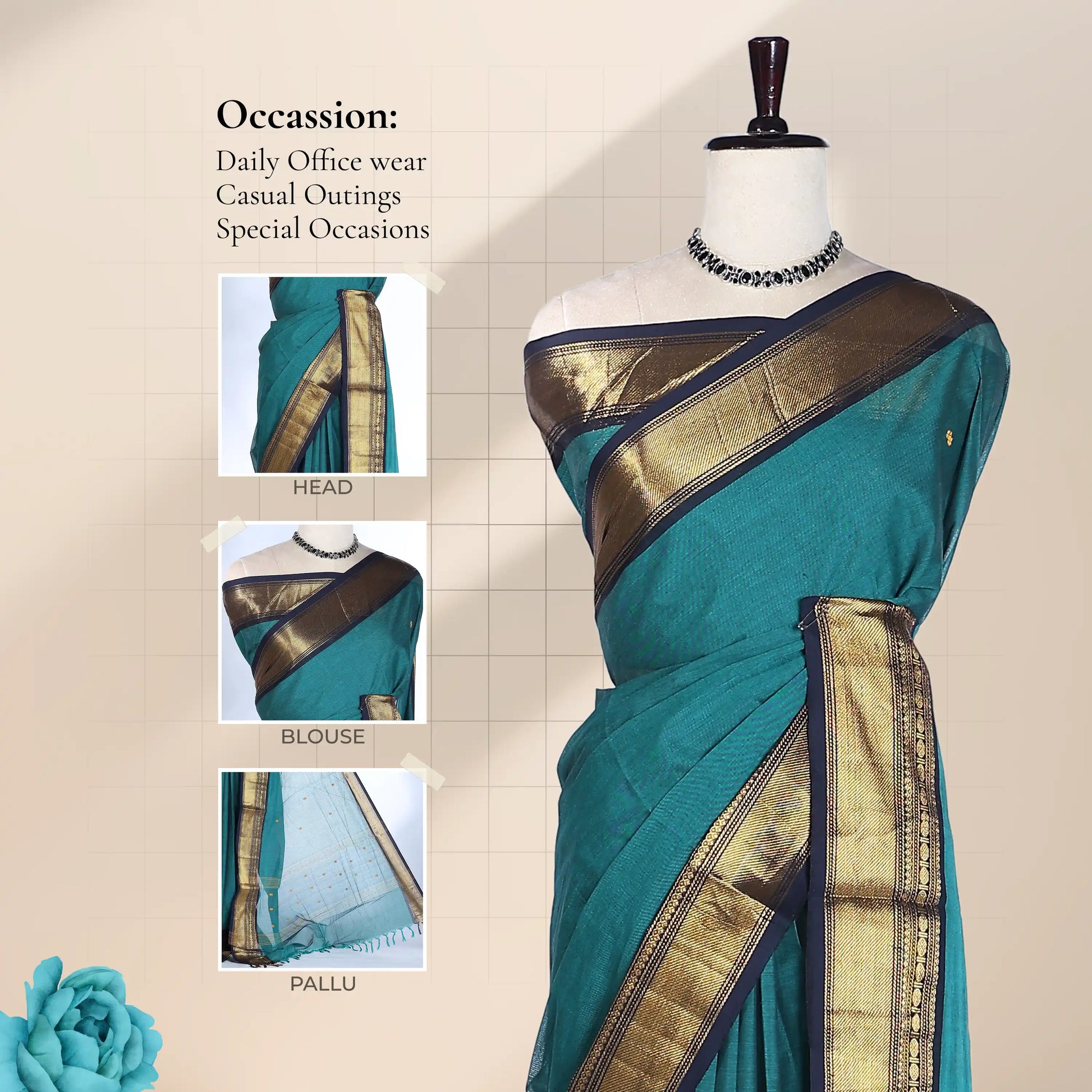 Chettinad cotton saree with zari border in teal and navy blue front draped view with close up detail