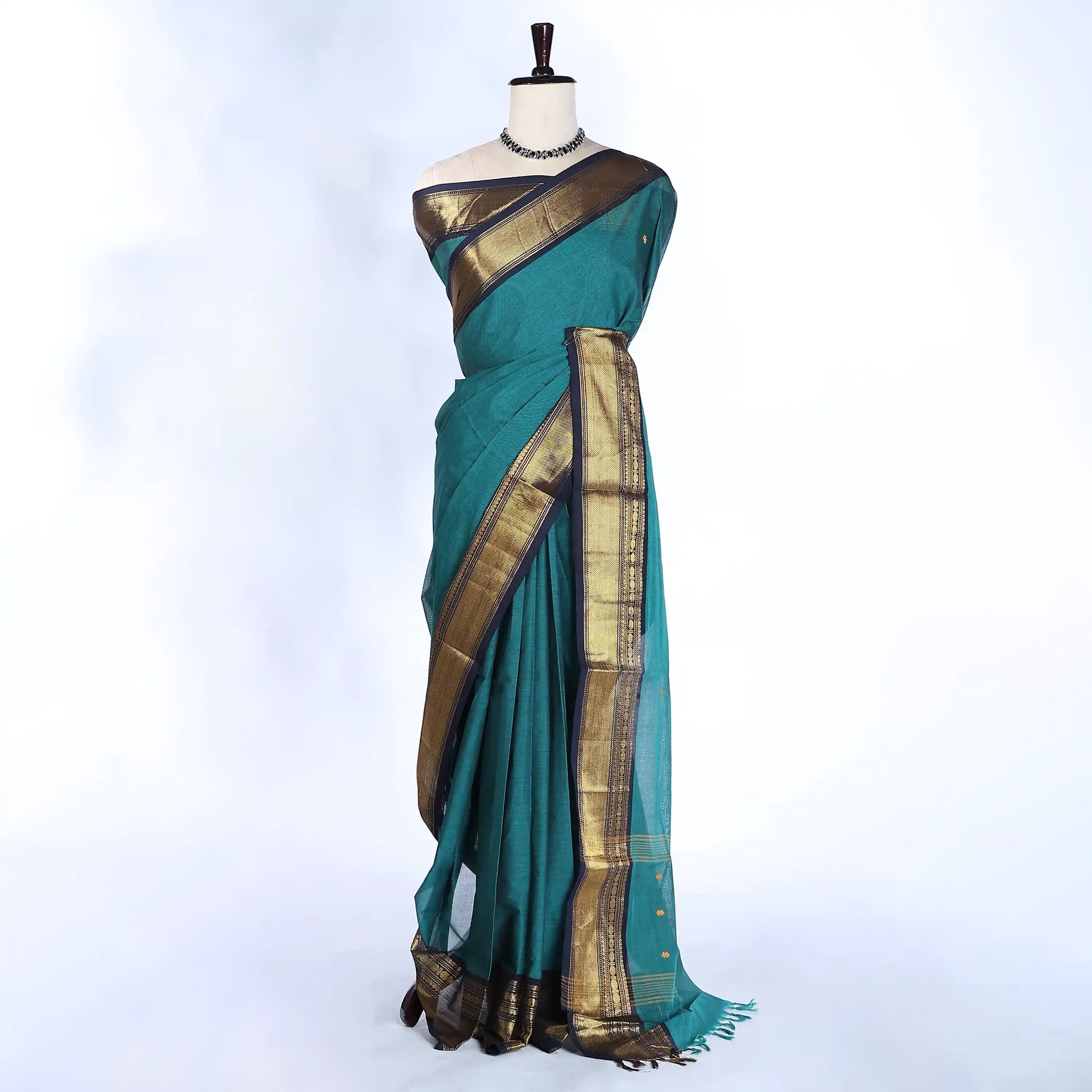 Teal Chettinad Cotton Sarees for Women | Office Wear Daily Wear & Special Occasion | Jeyachandran - Full View