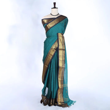 Teal Chettinad Cotton Sarees for Women | Office Wear Daily Wear & Special Occasion | Jeyachandran - Full View