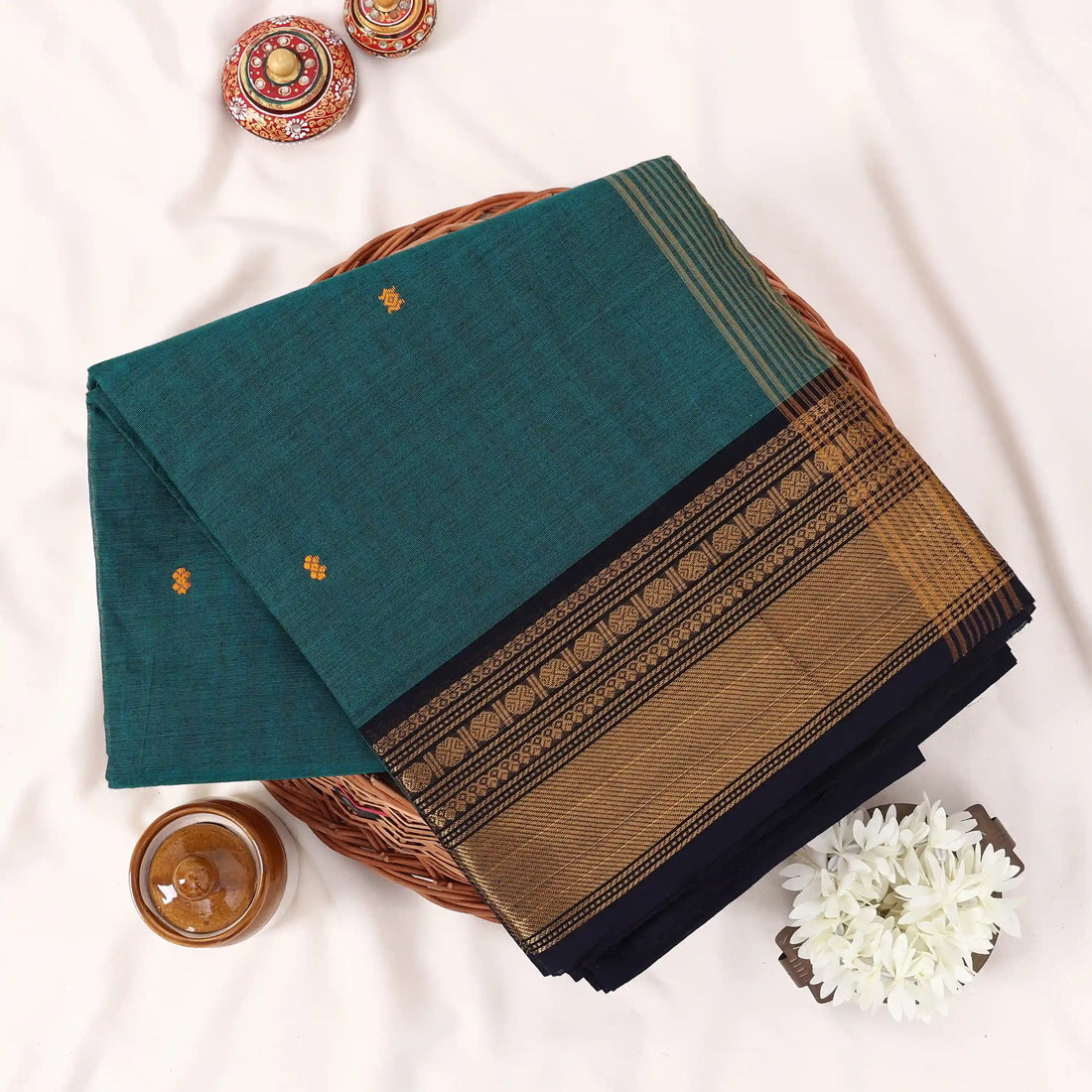 Teal Chettinad Cotton Sarees for Women | Office Wear Daily Wear & Special Occasion | Jeyachandran - Full View