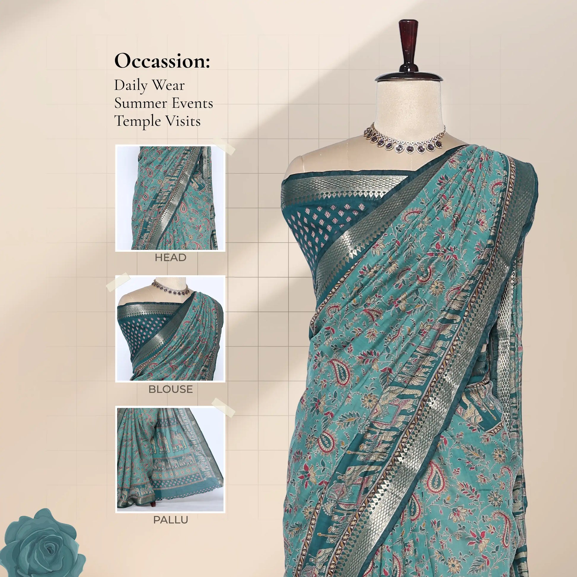 Semi Chanderi saree with gold zari border and floral print in green front view on mannequin for daily wear