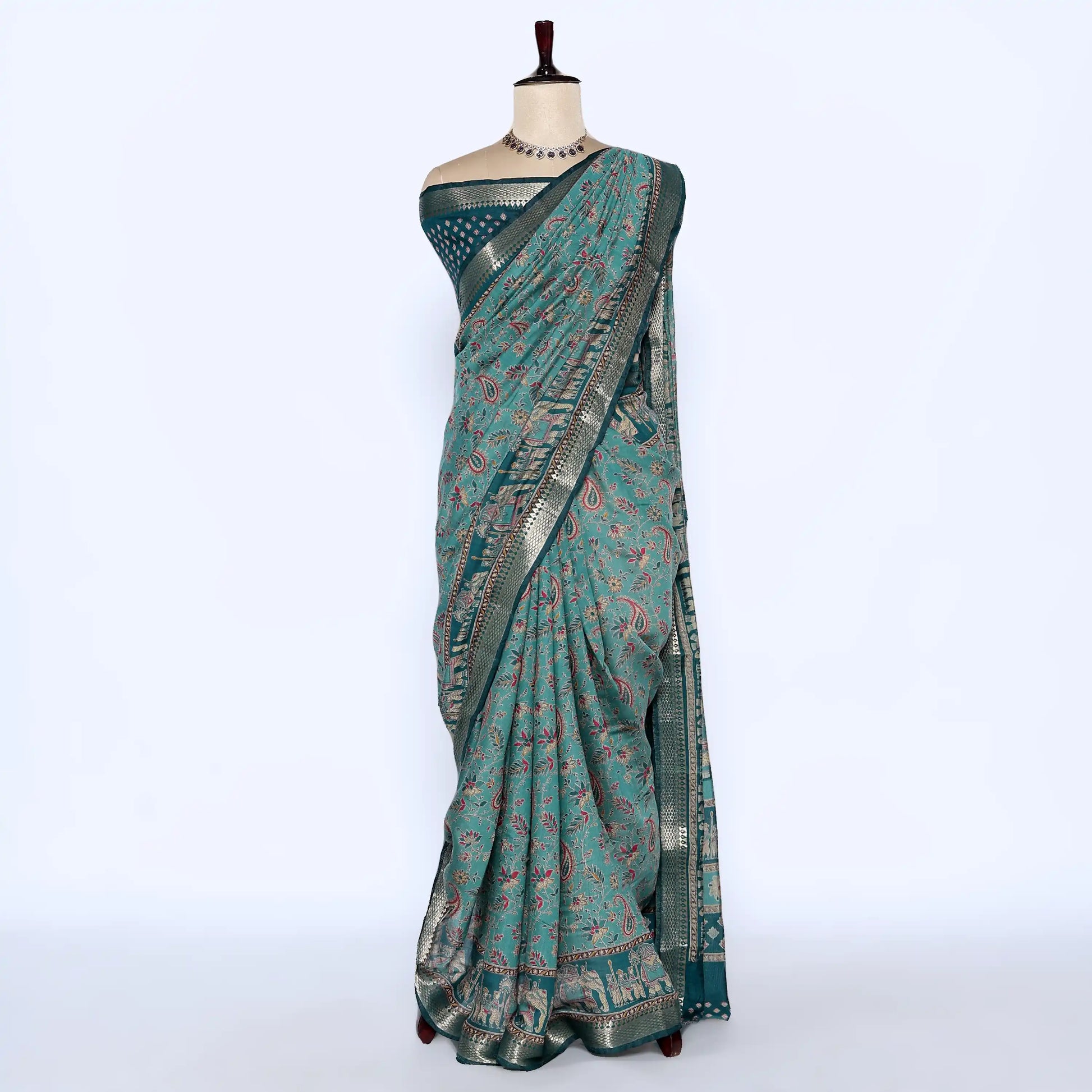 Green Semi Chanderi Sarees for Women | Temple Visits & Summer Events Collection | Jeyachandran - Full View
