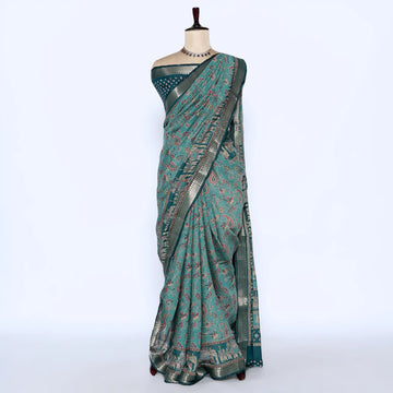 Green Semi Chanderi Sarees for Women | Temple Visits & Summer Events Collection | Jeyachandran - Full View
