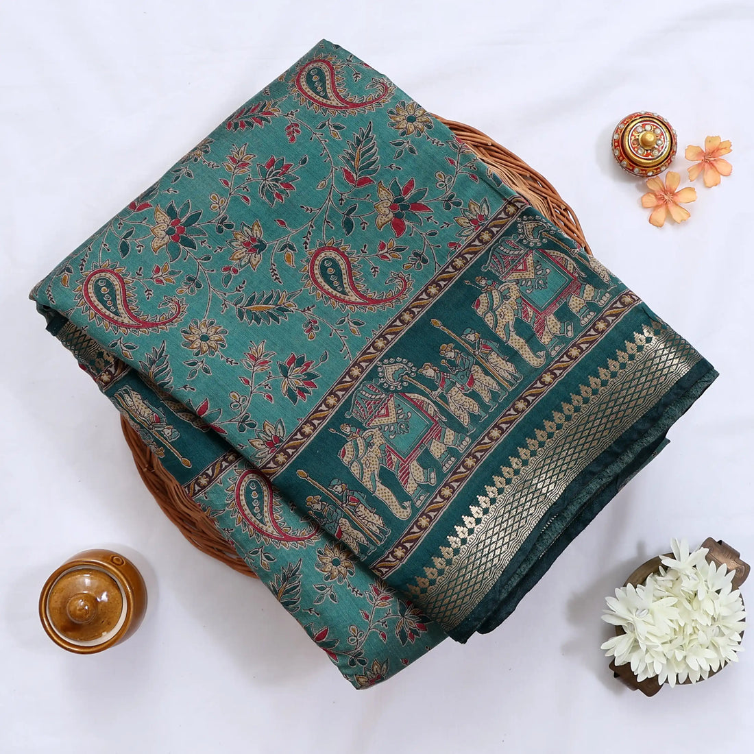Green Semi Chanderi Sarees for Women | Temple Visits & Summer Events Collection | Jeyachandran - Full View

