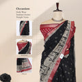 Black Semi Chanderi Saree with Peacock & Floral Zari Border and Traditional Temple Art Print - Front View