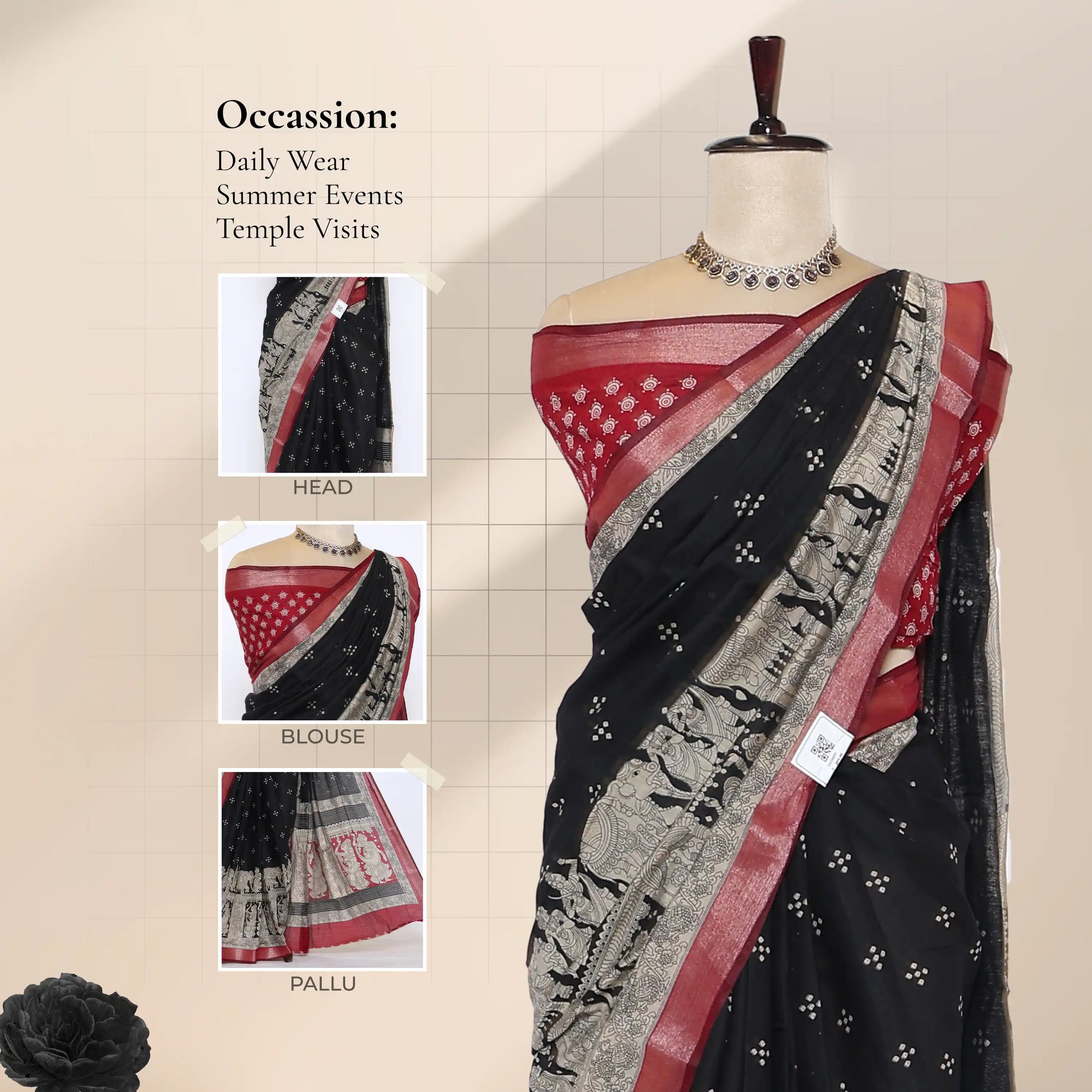 Black Semi Chanderi Saree with Peacock & Floral Zari Border and Traditional Temple Art Print - Front View
