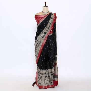 Black Semi Chanderi Sarees for Women | Temple Visits & Summer Events Collection | Jeyachandran - Full View
