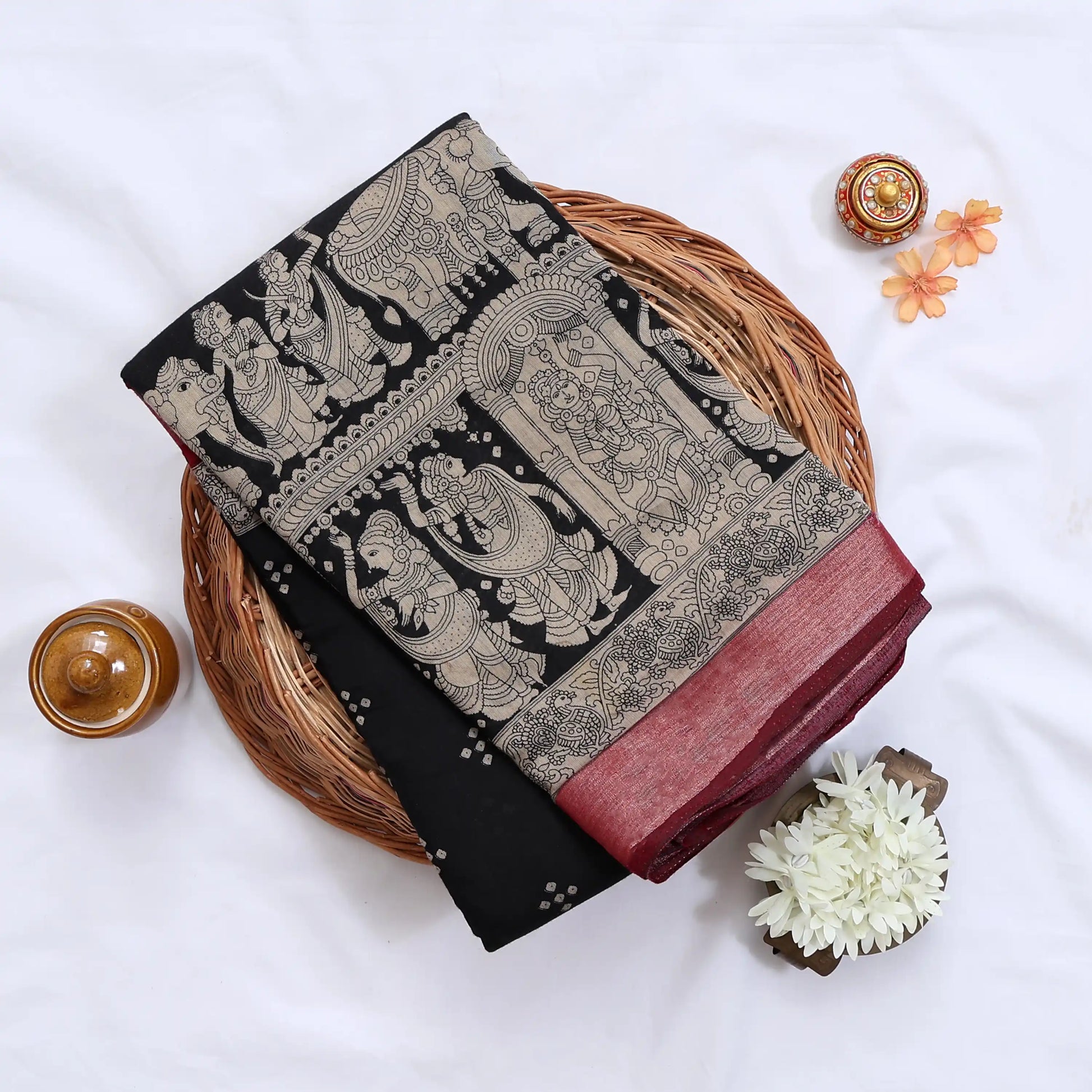 Semi Chanderi Saree featuring traditional temple art print and zari border in black - Close Up