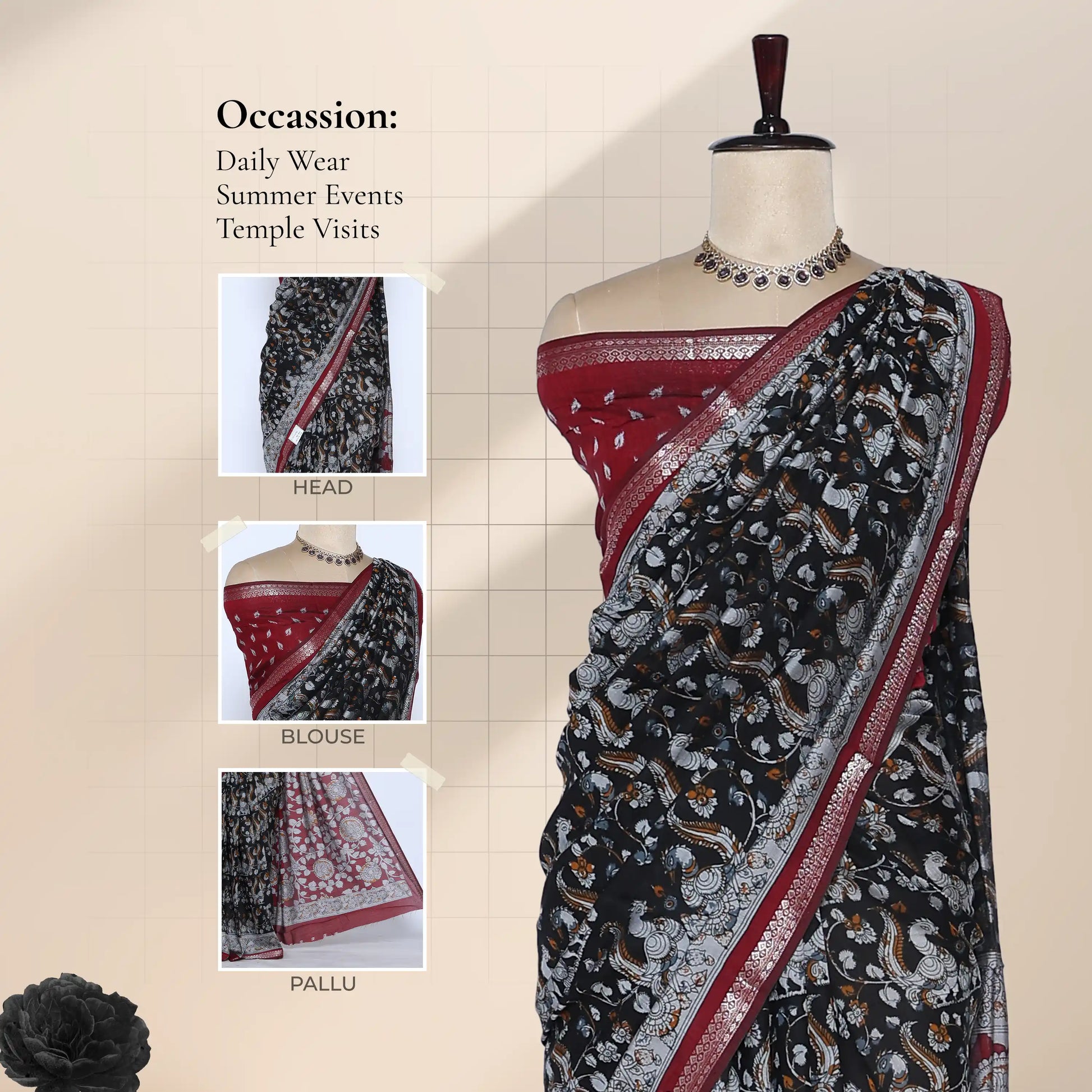 Black Semi Chanderi Saree with Floral Vine Print and Zari Border on Mannequin - Front View