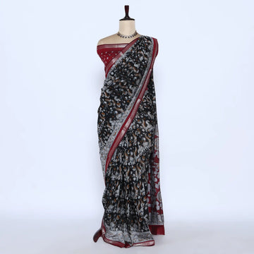 Black Semi Chanderi Sarees for Women | Temple Visits & Summer Events Collection | Jeyachandran - Full View
