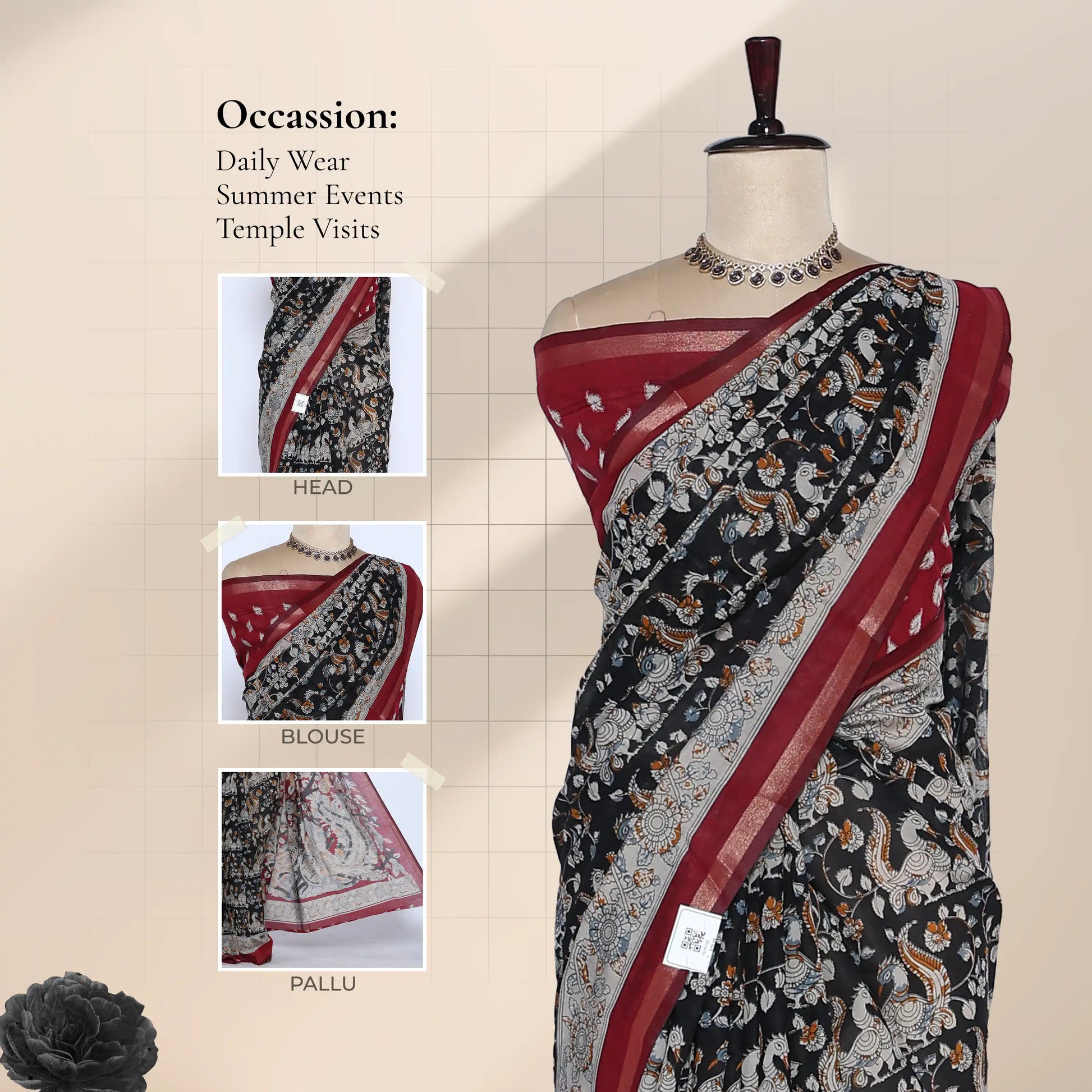 Black Semi Chanderi Saree with Floral Vine Print and Zari Border on Mannequin - Front View