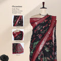 Black Semi Chanderi Saree with Floral Print and Elegant Woven Zari Border on Mannequin Front View