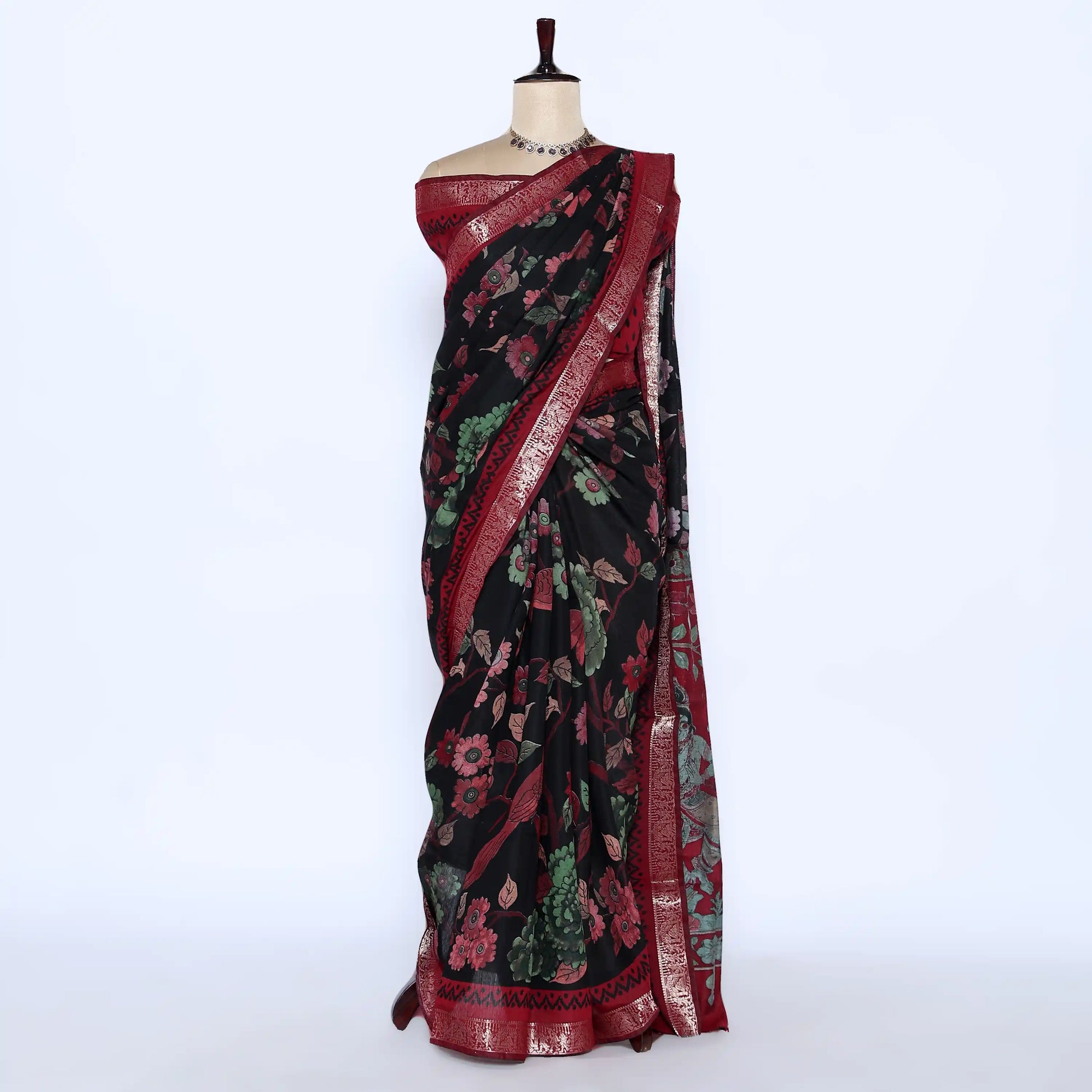 Black Semi Chanderi Sarees for Women | Temple Visits & Summer Events Collection | Jeyachandran - Full View
