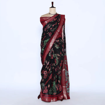 Black Semi Chanderi Sarees for Women | Temple Visits & Summer Events Collection | Jeyachandran - Full View
