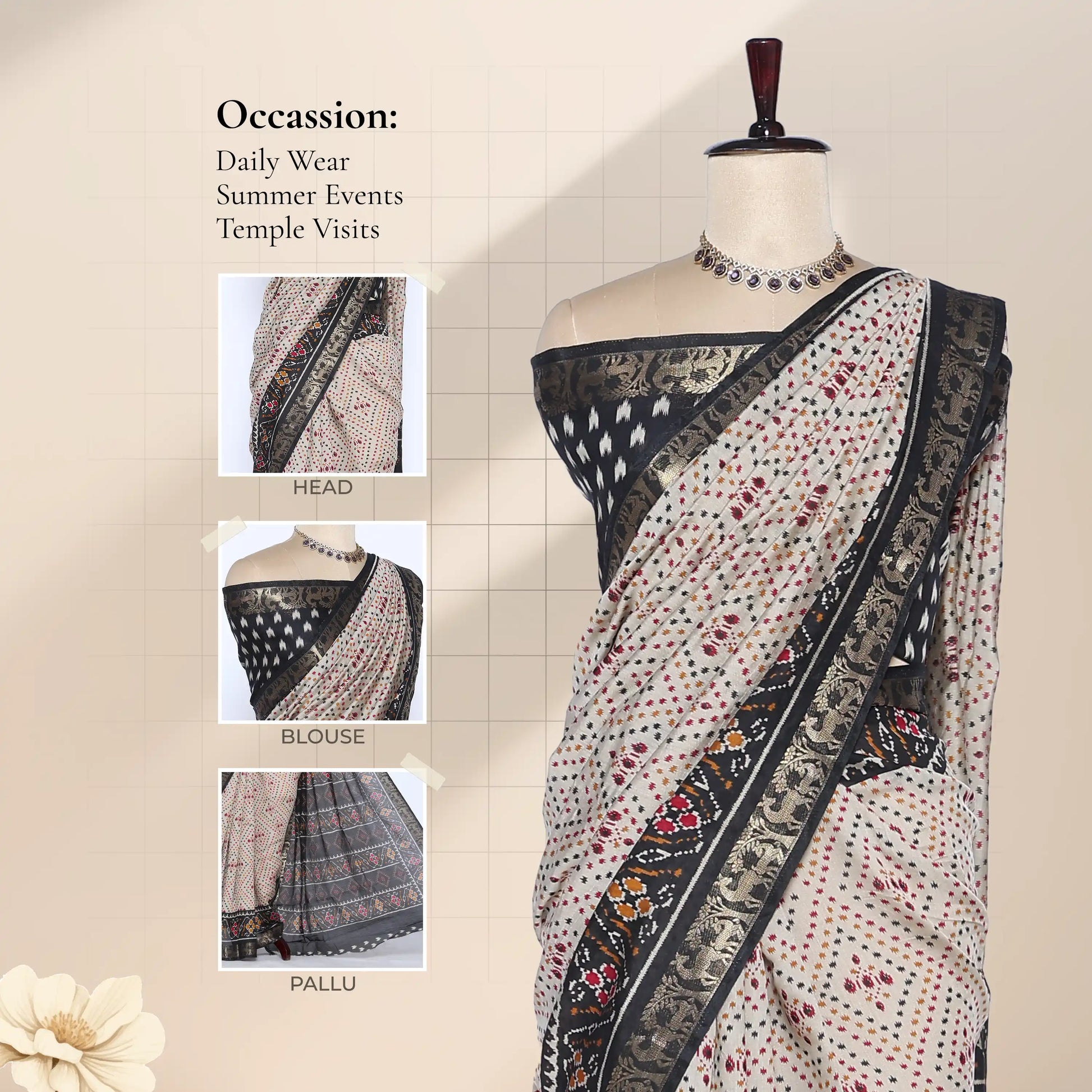 Cream Semi Chanderi Saree with Butti Print Floral Zari Border and Contrast Black Blouse on Mannequin - Front View