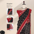 Semi Chanderi saree with woven buta pattern and broad zari border in black and red front view on mannequin
