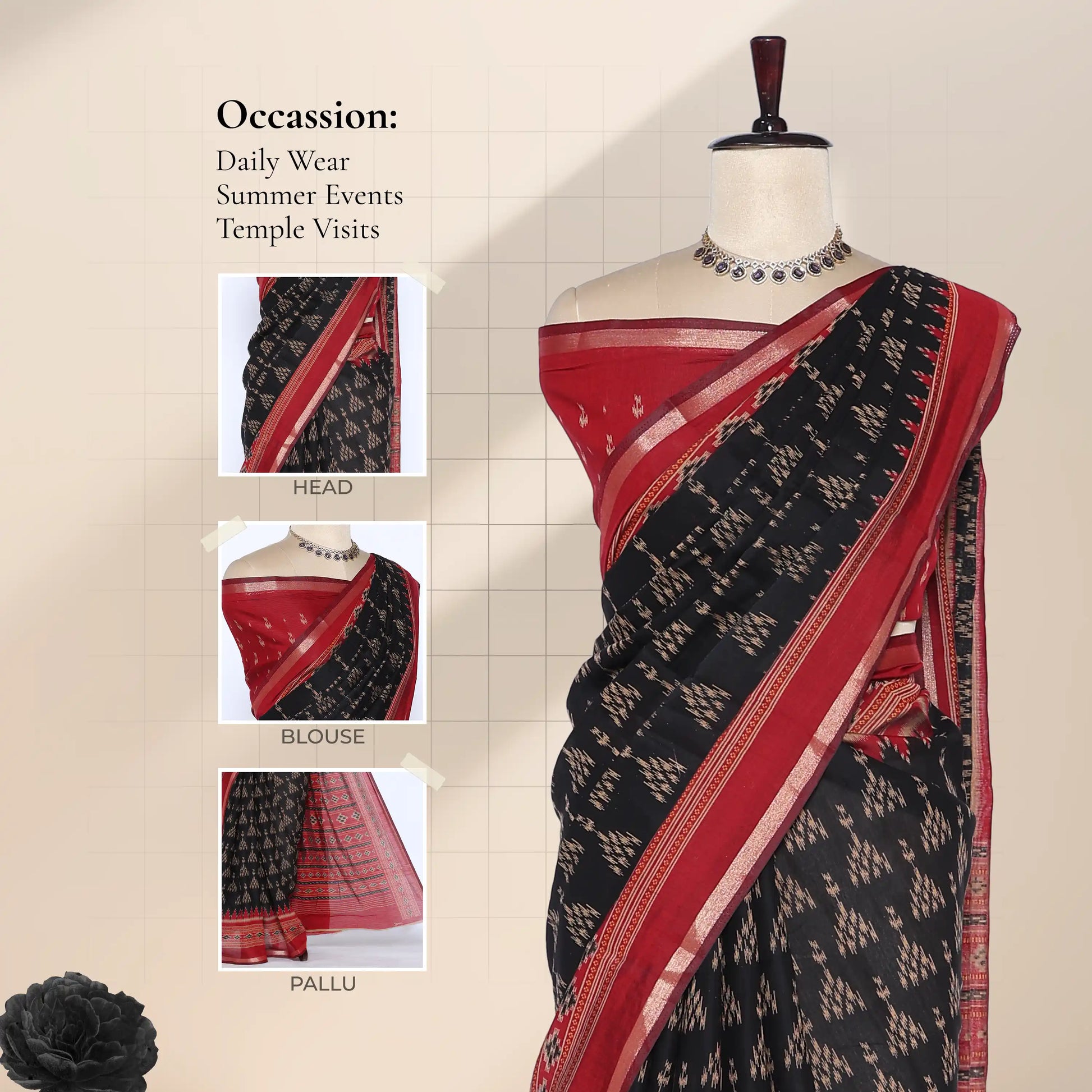 Semi Chanderi saree with woven buta pattern and broad zari border in black and red front view on mannequin