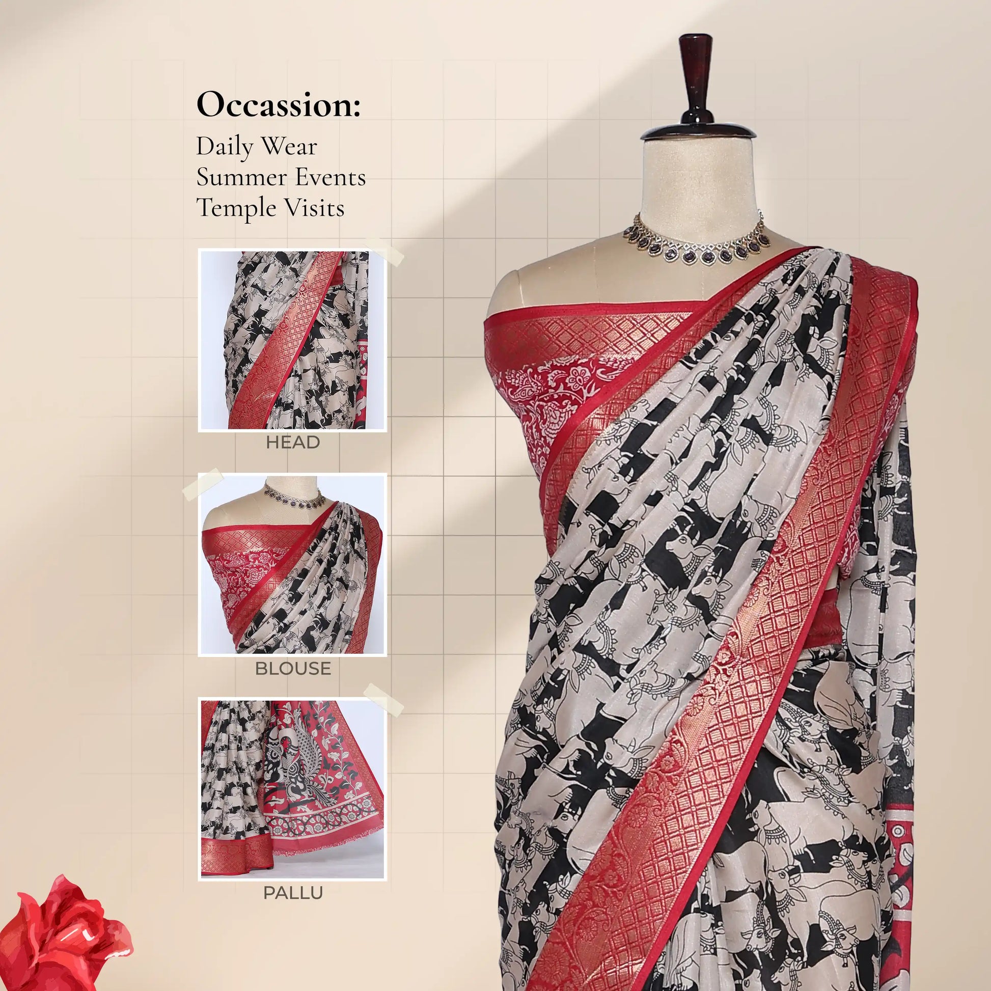 Semi Chanderi saree with cow motif print white and black body red woven border front view on mannequin