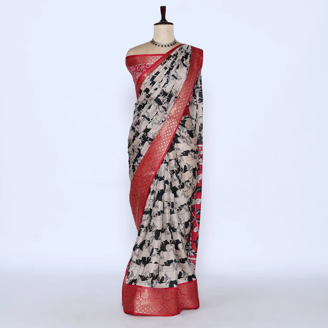 Black Semi Chanderi Sarees for Women | Temple Visits & Summer Events Collection | Jeyachandran - Full View
