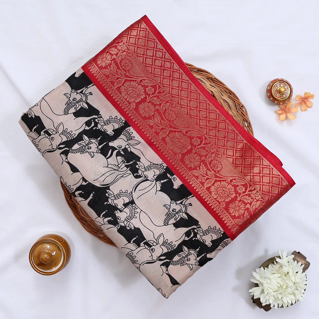 Black Semi Chanderi Sarees for Women | Temple Visits & Summer Events Collection | Jeyachandran - Full View
