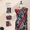 Semi Chanderi saree with large floral print black body and red zari border front view on mannequin