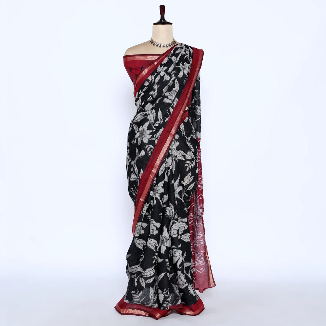 Black Semi Chanderi Sarees for Women | Temple Visits & Summer Events Collection | Jeyachandran - Full View
