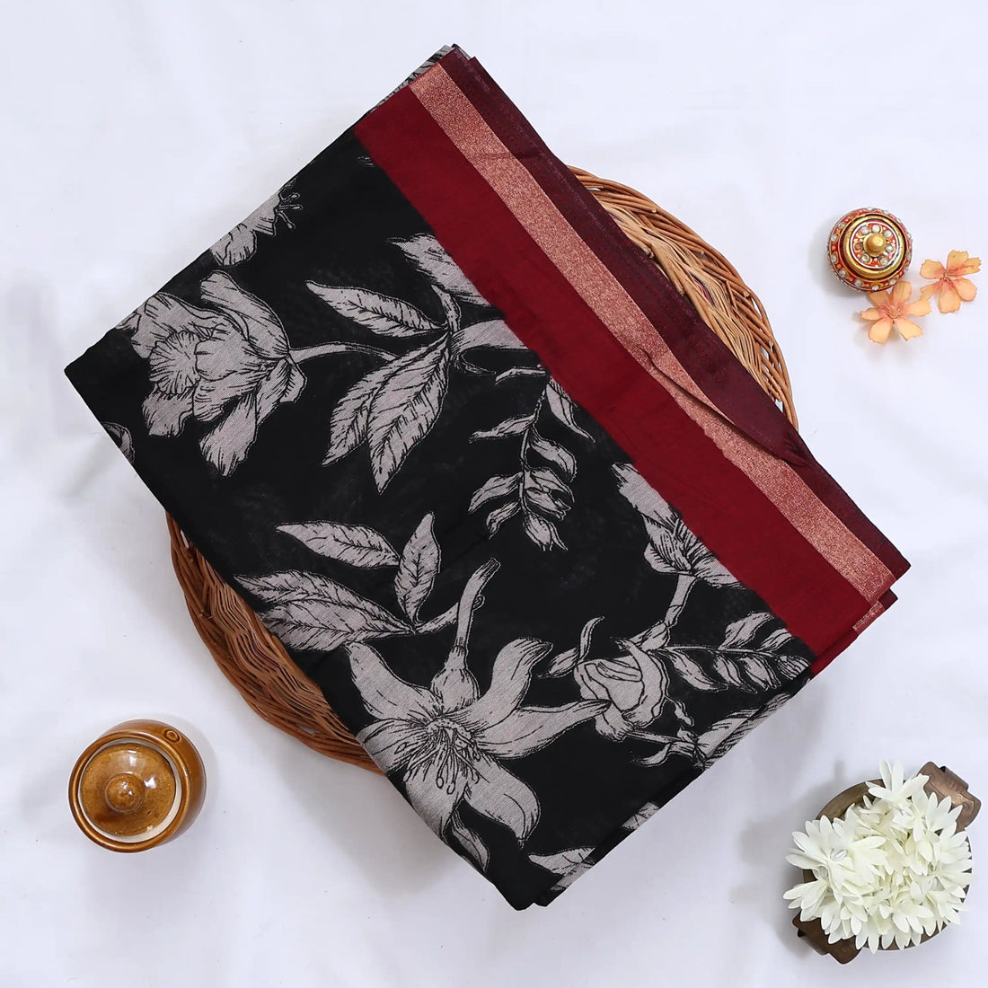 Black Semi Chanderi Sarees for Women | Temple Visits & Summer Events Collection | Jeyachandran - Full View
