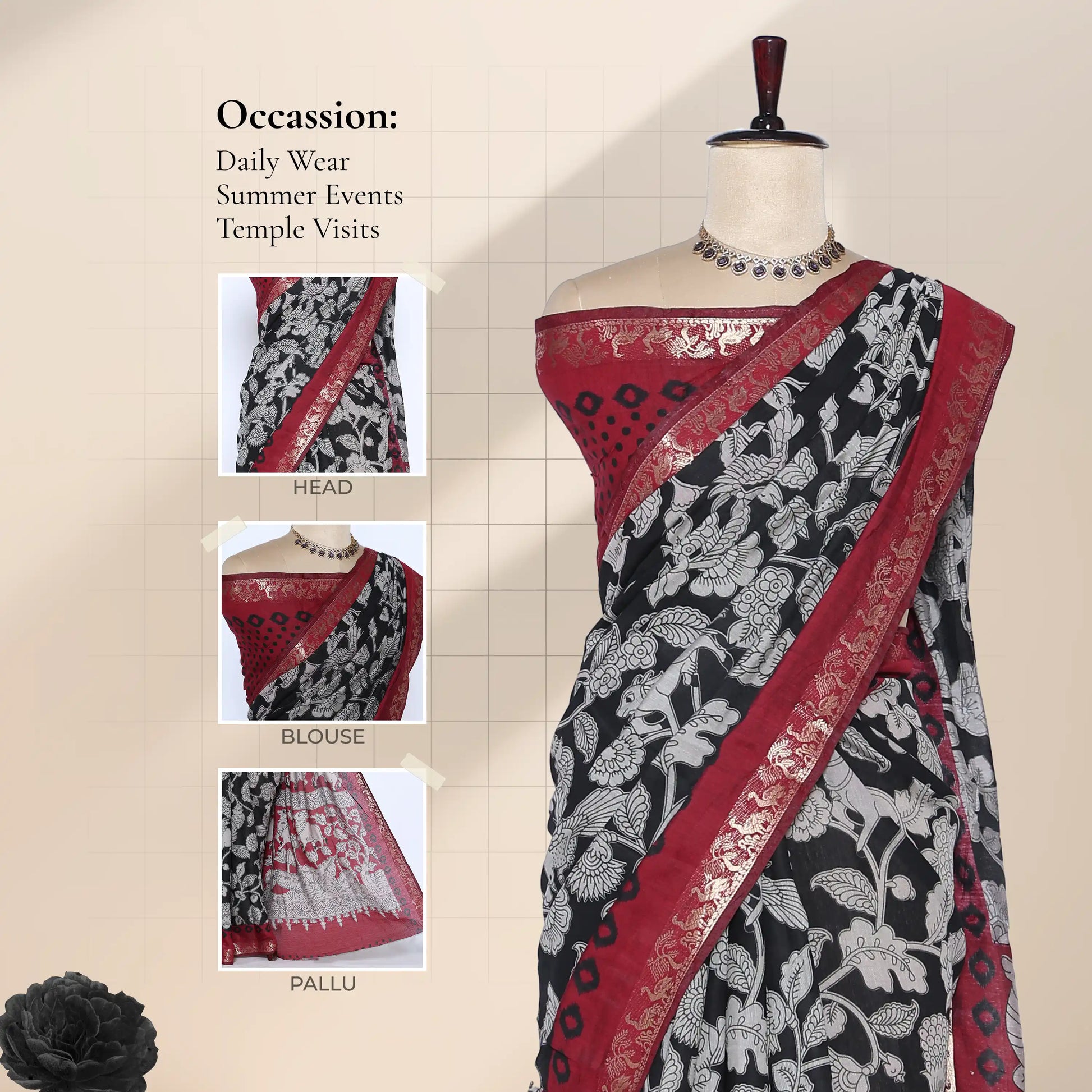 Semi Chanderi saree with black floral print and red zari border front drape view on mannequin with blouse and pallu details