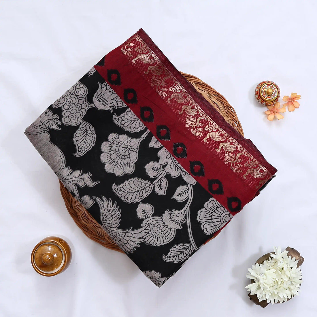 Black Semi Chanderi Sarees for Women | Temple Visits & Summer Events Collection | Jeyachandran - Full View
