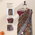 Brown Semi Chanderi Saree with Floral Vine Print and Zari Border on Mannequin - Front View