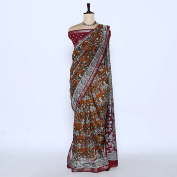 Brown Semi Chanderi Sarees for Women | Temple Visits & Summer Events Collection | Jeyachandran - Full View
